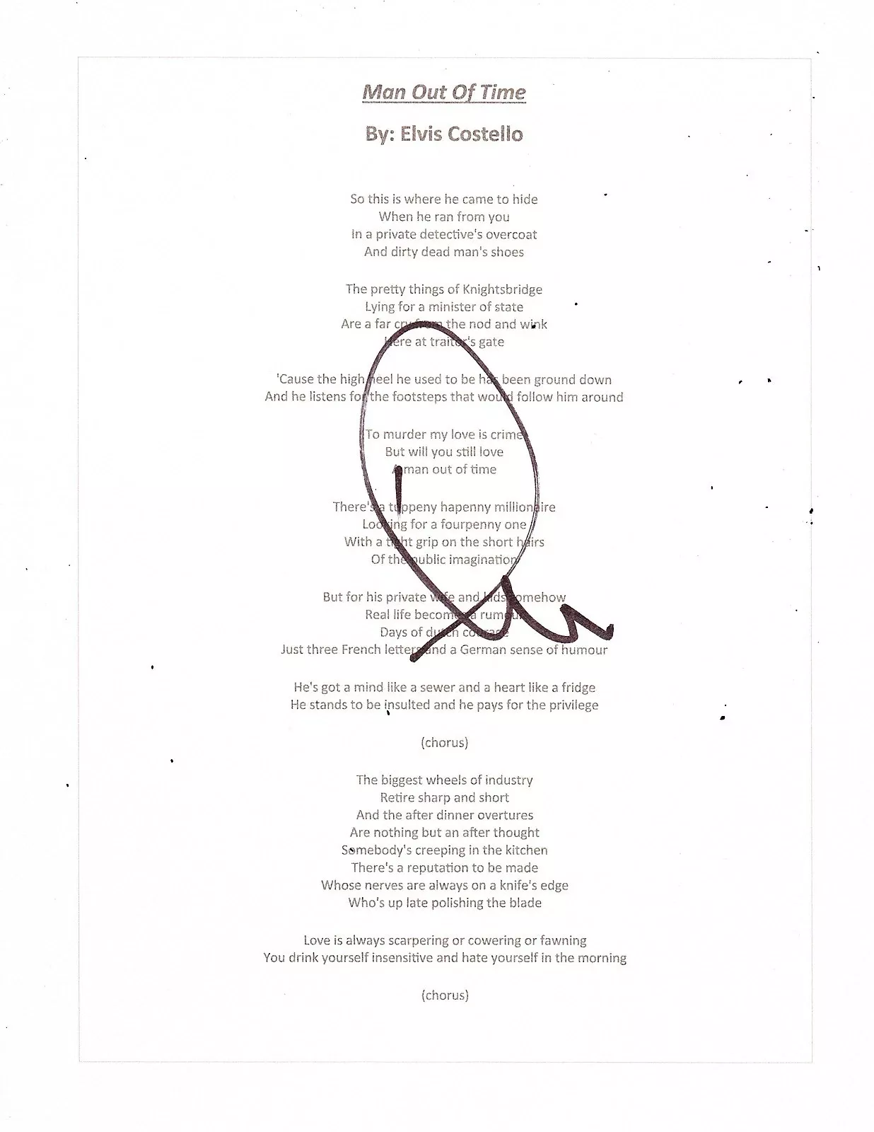ELVIS COSTELLO SIGNED MAN OUT OF TIME LYRIC SHEET Collectible Memorabilia
