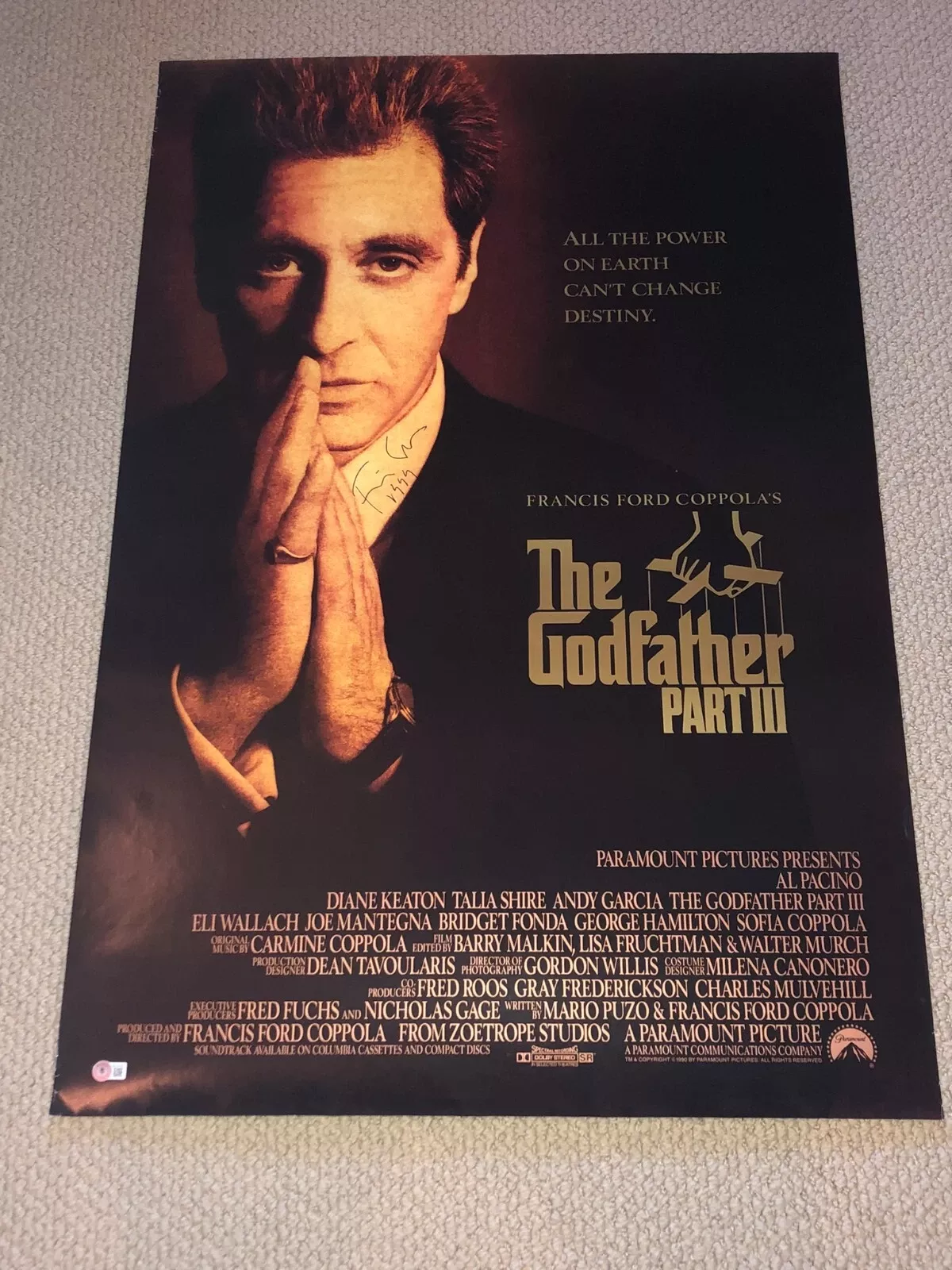 FRANCIS FORD COPPOLA Signed GODFATHER III POSTER w/ BAS COA (Vintage Sig!)