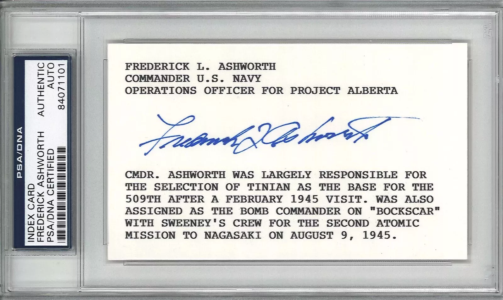 FREDERICK ASHWORTH SIGNED INDEX CARD PSA DNA 84071101 (D) PROJECT ALBERTA