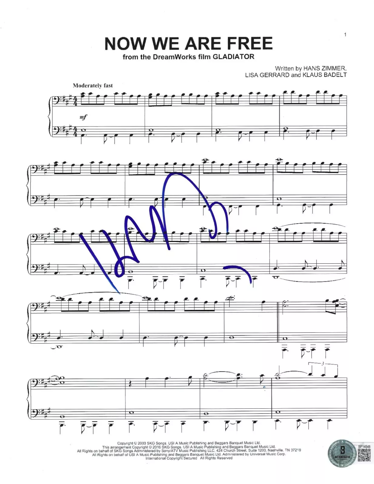 Hans Zimmer Signed Sheet Music Gladiator Now We Are Free Autograph Beckett
