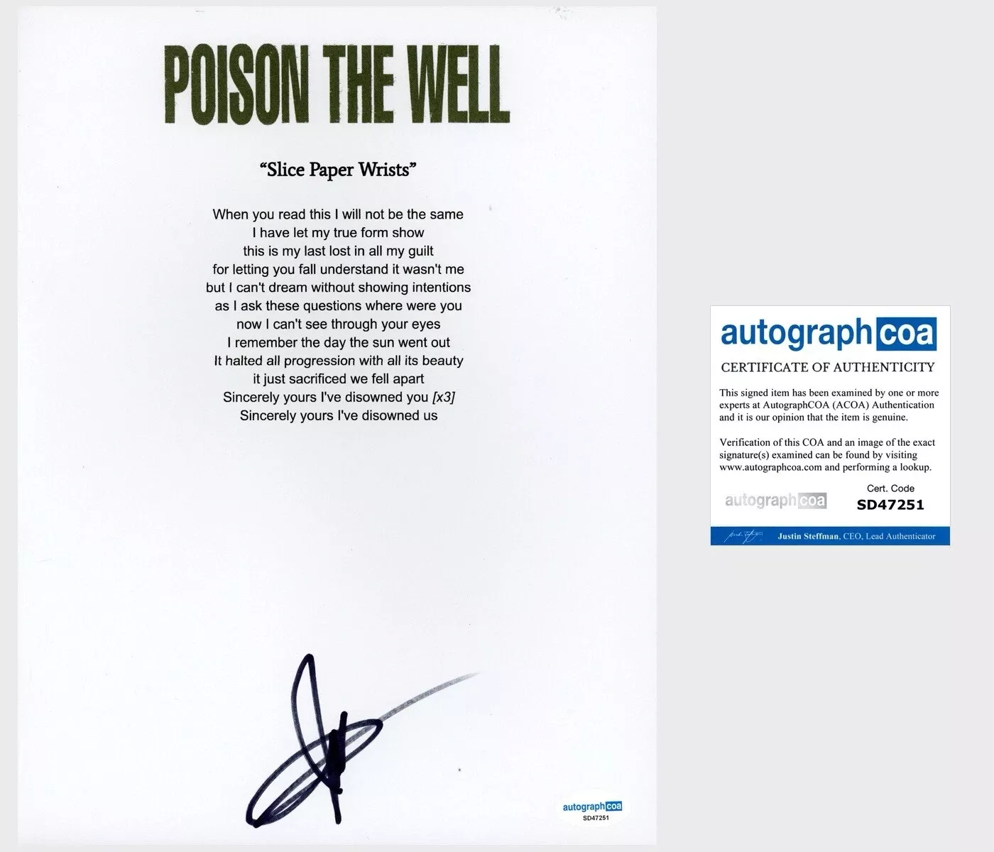 Jeffrey Moreira ‘Poison The Well’ Band Lead Singer Signed Lyric Sheet ACOA