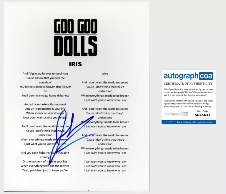 JOHNNY RZEZNIK GOO GOO DOLLS SIGNED IRIS LYRIC SHEET W/EXACT PROOF AUTOGRAPH COA COLLECTIBLE MEMORABILIA