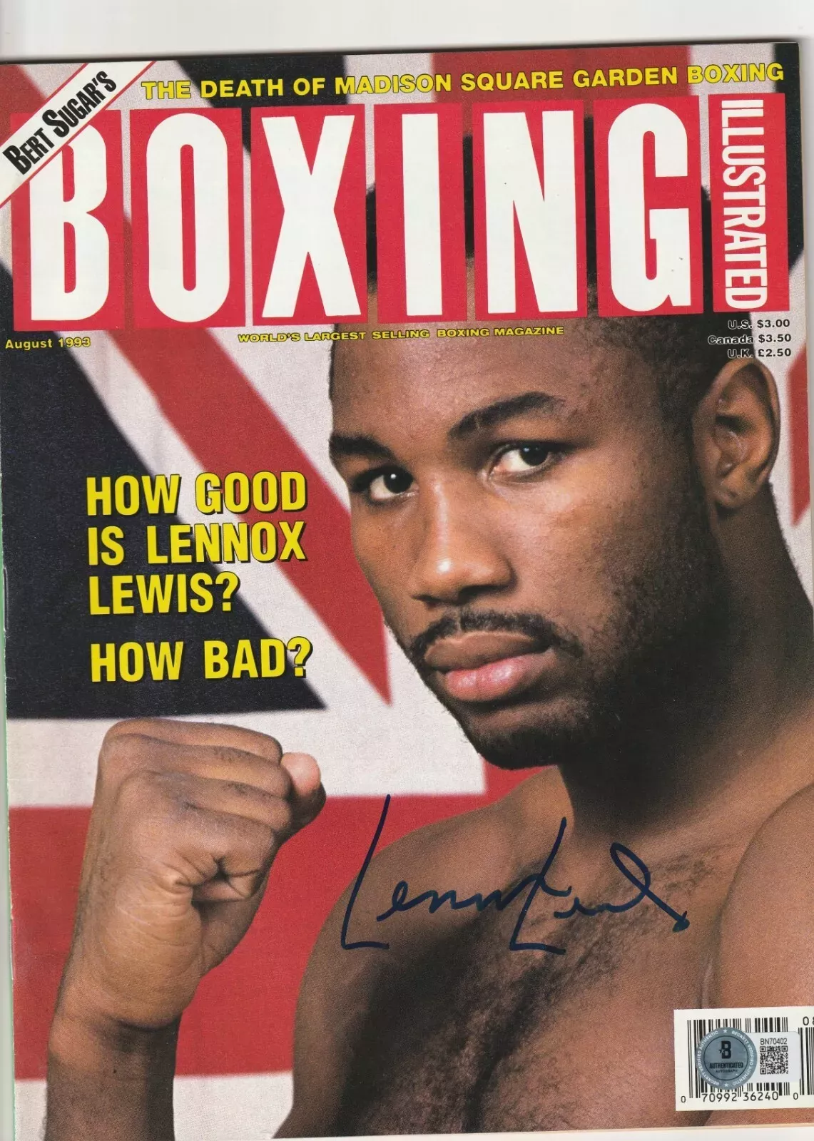 LENNOX LEWIS Signed 8/93 BOXING ILLUSTRATED Beckett (BAS) NO LABEL