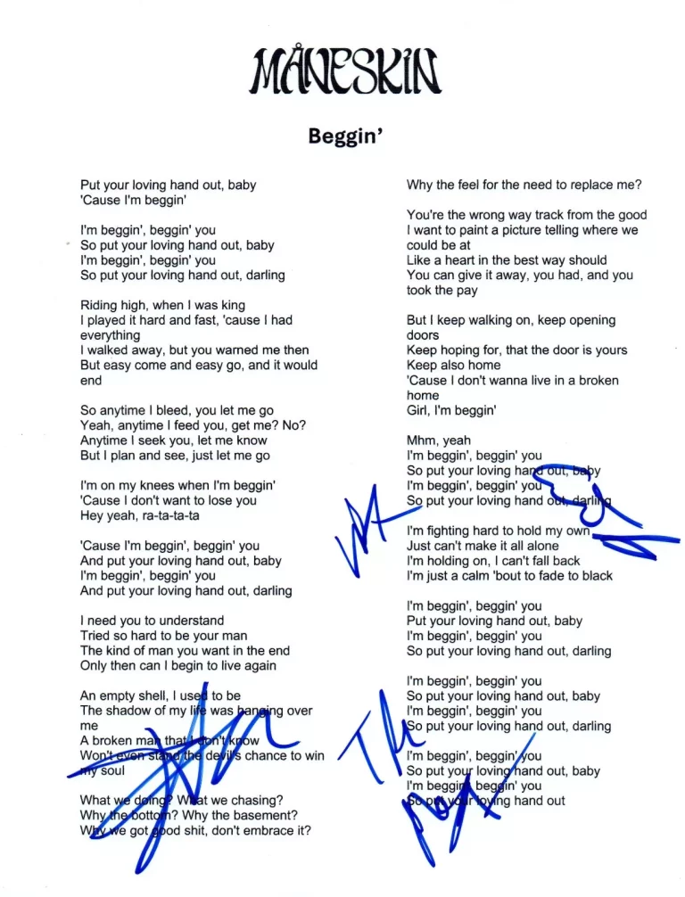 MANESKIN BAND SIGNED AUTOGRAPH BEGGIN 8.5×11 LYRIC SHEET DAMIANO VIC X4 COA COLLECTIBLE MEMORABILIA