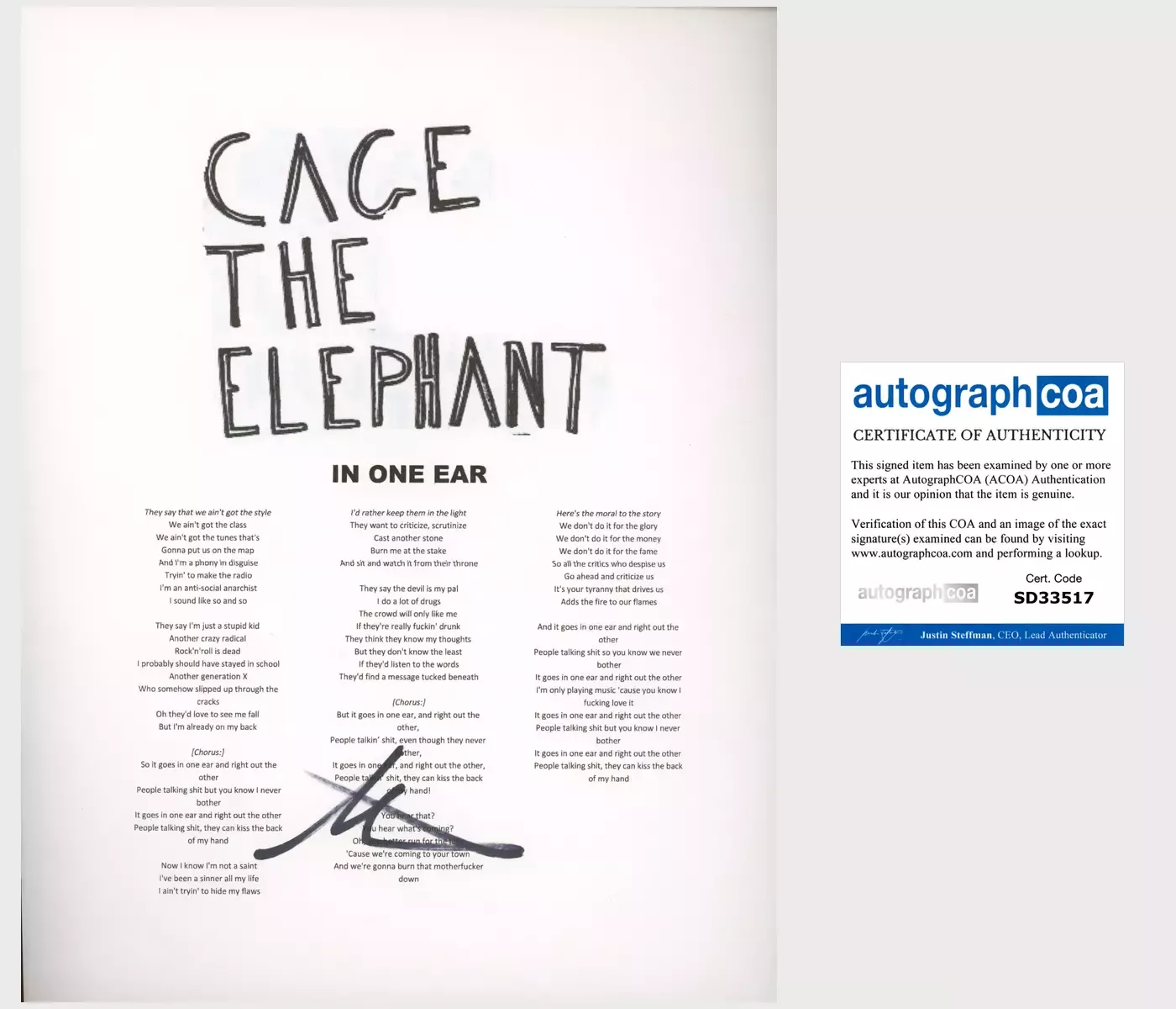 MATT SHULTZ SIGNED CAGE THE ELEPHANT IN ONE EAR LYRIC SHEET w/EXACT PROOF & COA
