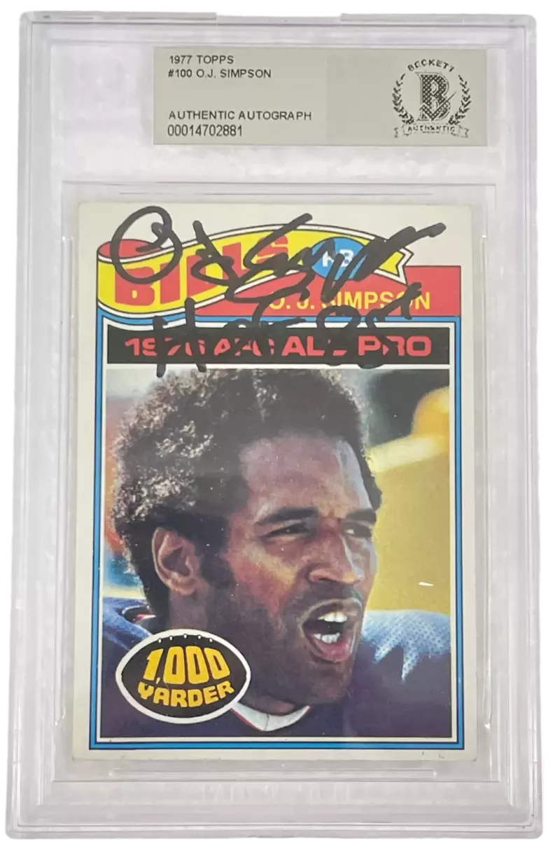 OJ SIMPSON SIGNED 1977 TOPPS #100 CARD AUTOGARPHED HOF INSCRIPT BILLS BECKETT