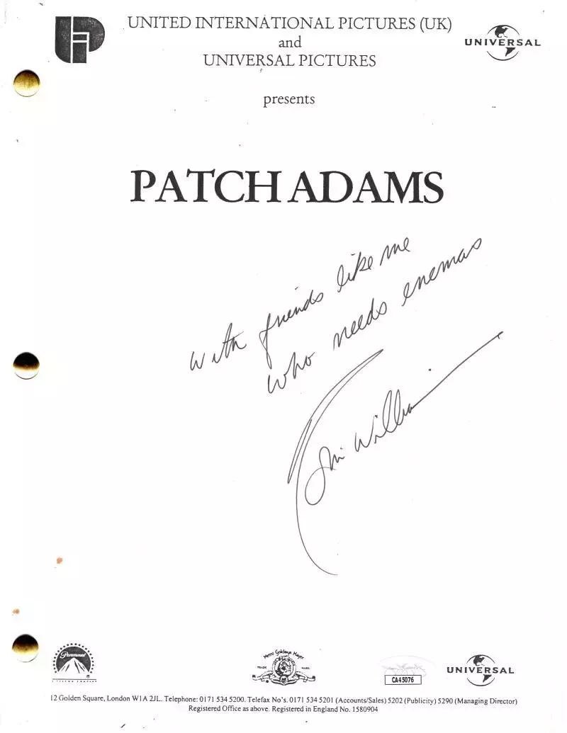Robin Williams Signed Autograph Patch Adams Script - Awesome Inscription JSA COA