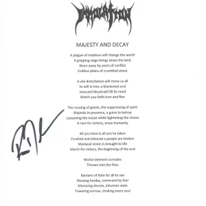 Ross Dolan Signed Autographed Immolation Majesty and Decay Lyric Sheet ACOA COA