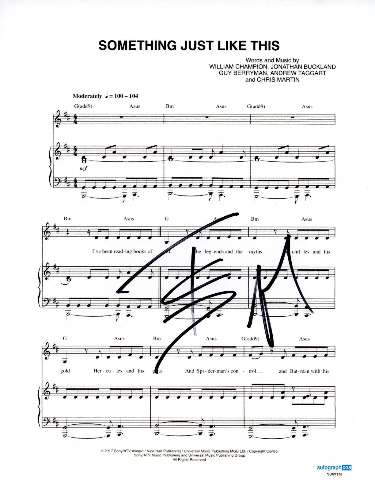 The Chainsmokers Alex Pall Signed Something Like This Sheet Music Coldplay ACOA