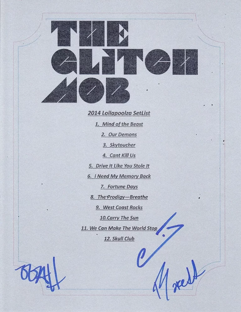 THE GLITCH MOB GROUP SIGNED 2014 LOLLAPOOLZA SET LIST  COLLECTIBLE MEMORABILIA