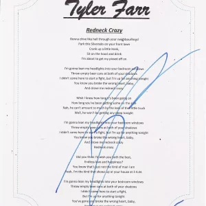 TYLER FARR SIGNED REDNECK CRAZY LYRIC SHEET Collectible Memorabilia
