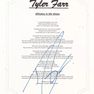 TYLER FARR SIGNED WHISKEY IN MY WATER LYRIC SHEET Collectible Memorabilia