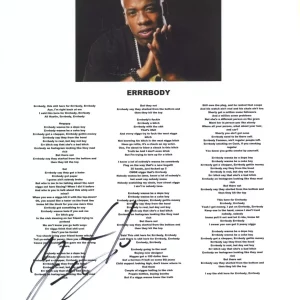 Yo Gotti Signed Autographed Errrbody Song Lyric Sheet Rapper Hip Hop ACOA COA