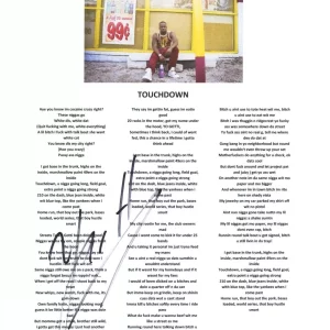 Yo Gotti Signed Autographed Touchdown Song Lyric Sheet Rapper Hip Hop ACOA COA