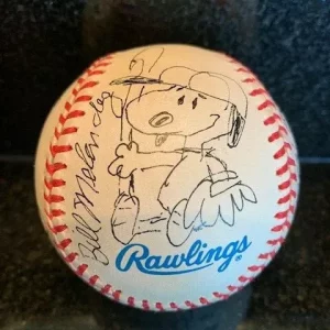 ZIGGY+MARMADUKE+2 SNOOPY SIGNED DRAWINGS ON ONE BASEBALL RARE JSA LETTER