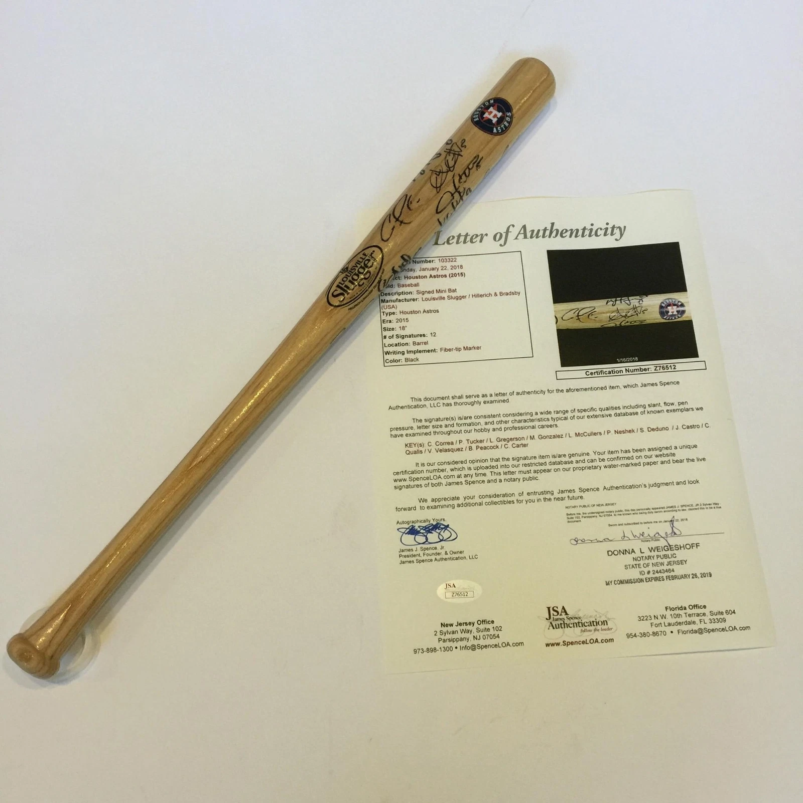 2015 Houston Astros Team Signed Mini Baseball Bat With JSA COA Carlos Correa
