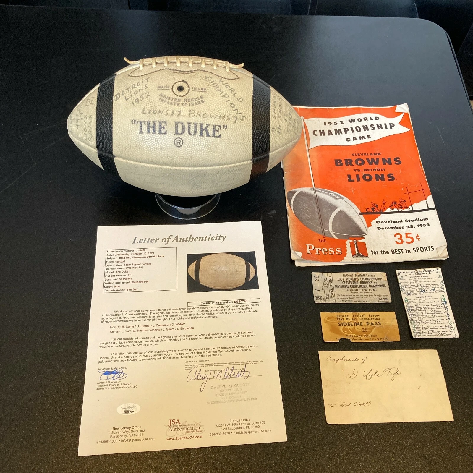 1952 DETROIT LIONS NFL CHAMPS TEAM SIGNED FOOTBALL W/ TICKETS & PROGRAM JSA COA COLLECTIBLE MEMORABILIA