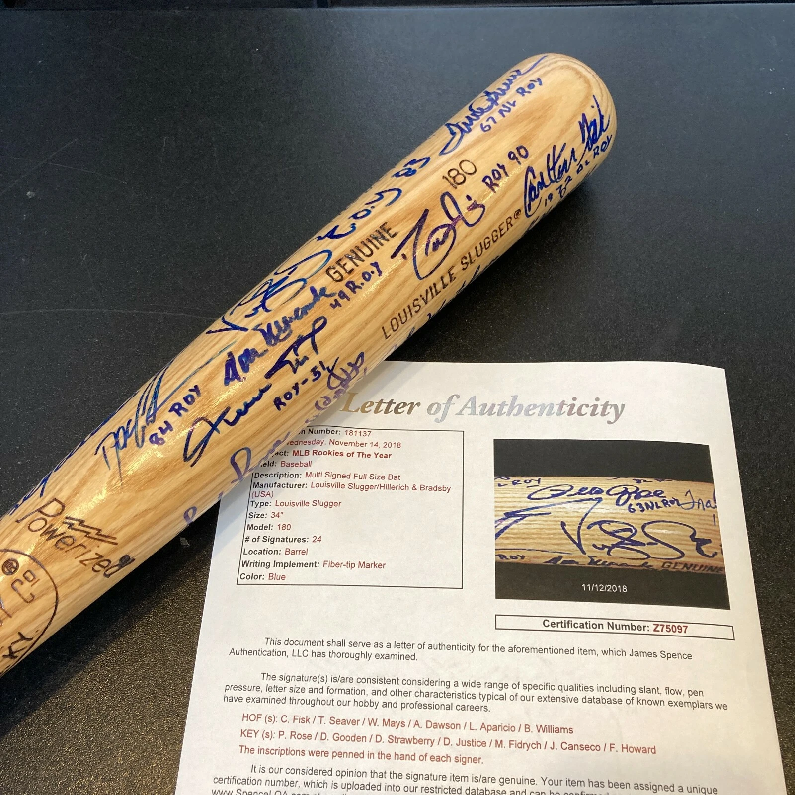Rookie Of The Year Winners Signed Bat With Willie Mays 