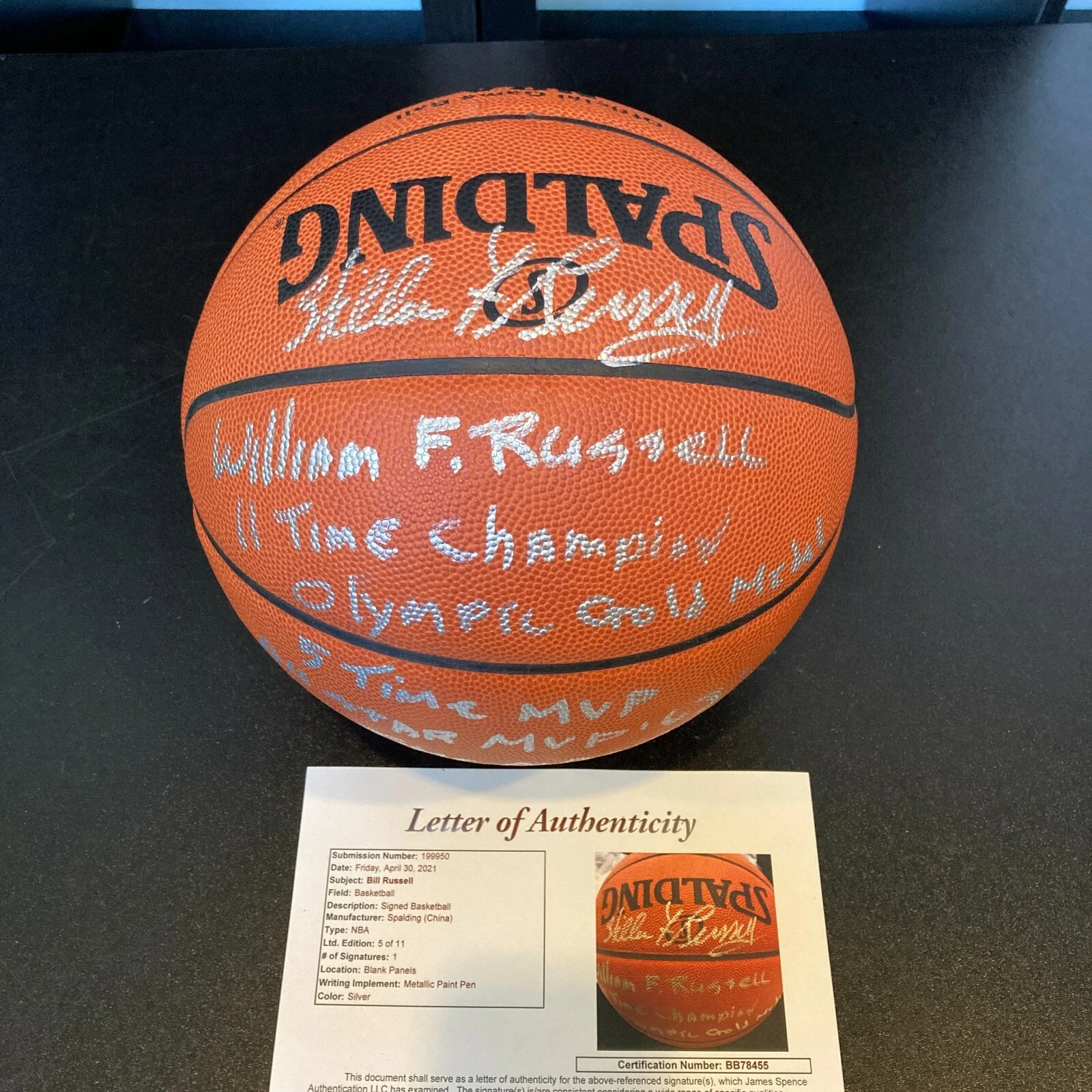 Extraordinary Bill Russell Signed Heavily Inscribed STAT Basketball #5/11 JSA