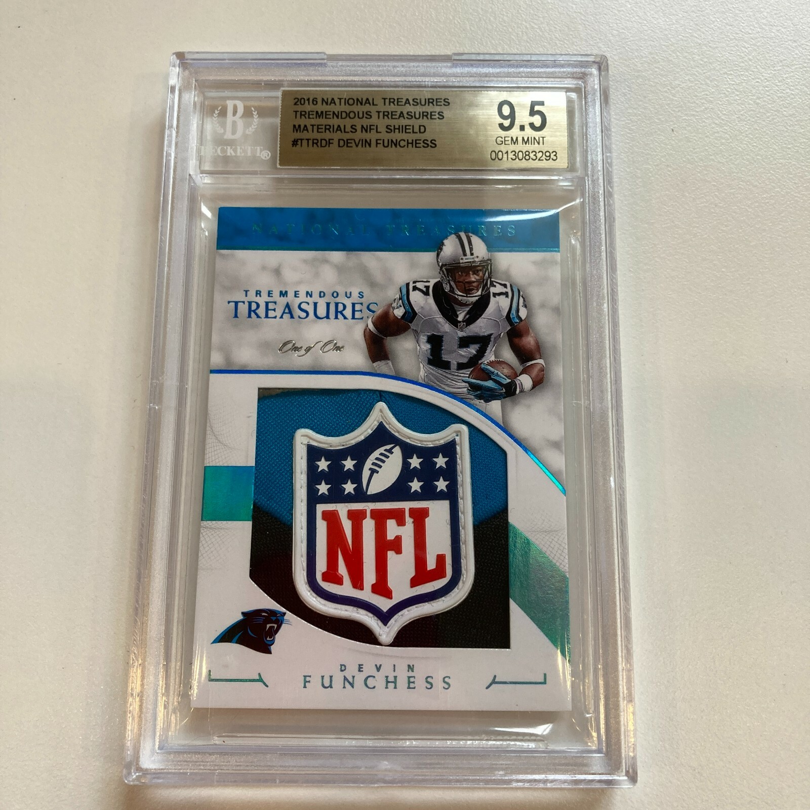2016 National Treasures Devin Funchess NFL Shield Patch 1/1 One Of One BGS 9.5