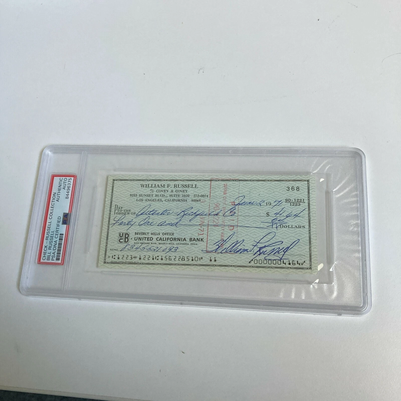 Bill Russell Signed Autographed Bank Check PSA DNA Boston Celtics HOF Legend