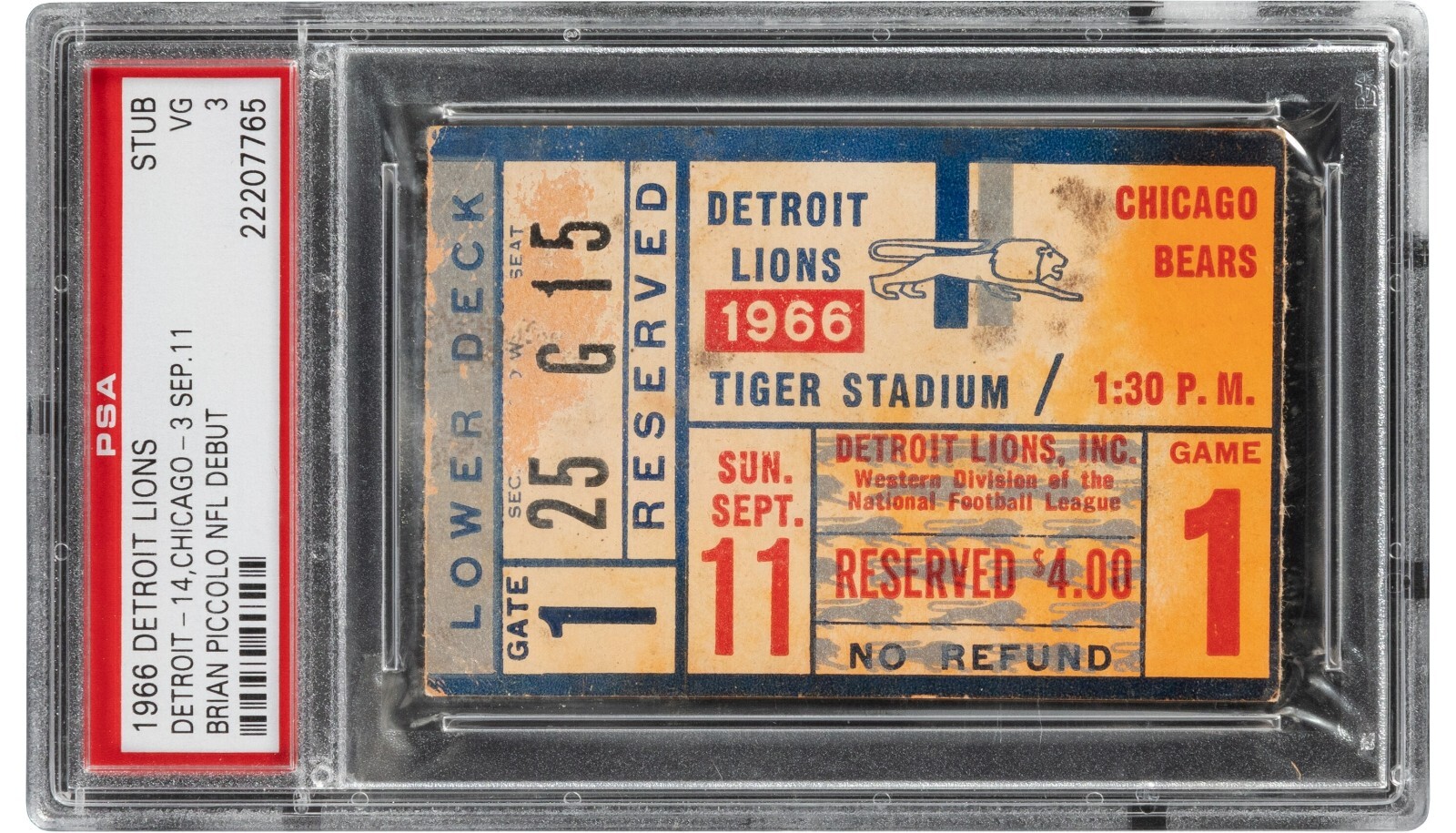 1966 BRIAN PICCOLO NFL DEBUT DETROIT LIONS VS. BEARS TICKET STUB PSA 3 COLLECTIBLE MEMORABILIA