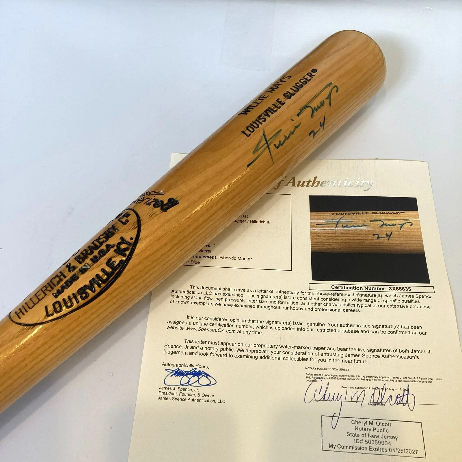 WILLIE MAYS #24 SIGNED LOUISVILLE SLUGGER GAME MODEL BASEBALL BAT WITH JSA COA COLLECTIBLE MEMORABILIA