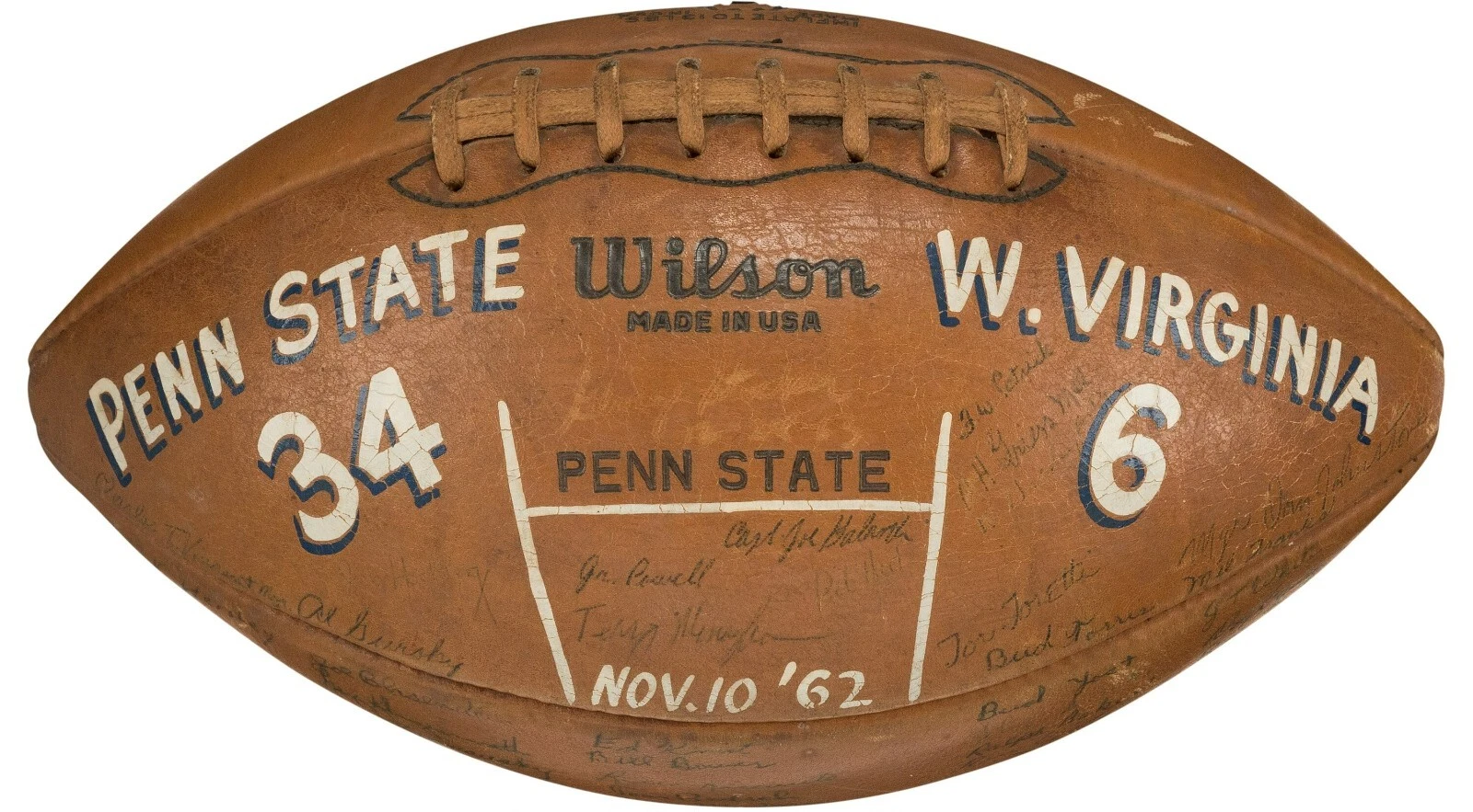 1962 PENN STATE NITTANY LIONS TEAM SIGNED GAME USED FOOTBALL WITH JOE PATERNO COLLECTIBLE MEMORABILIA