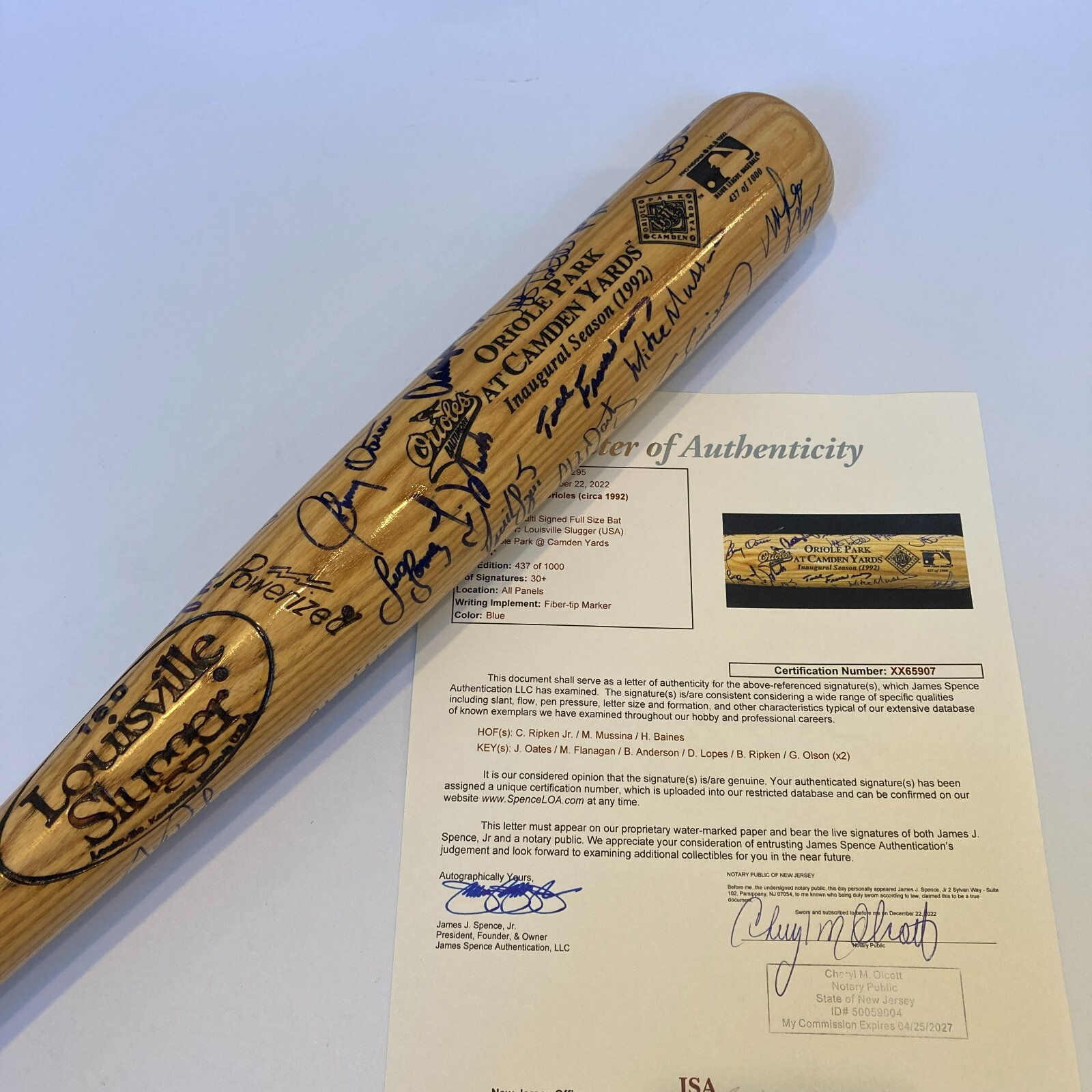 1992 BALTIMORE ORIOLES CAMDEN YARDS INAUGURAL SEASON TEAM SIGNED BAT RIPKEN JSA COLLECTIBLE MEMORABILIA