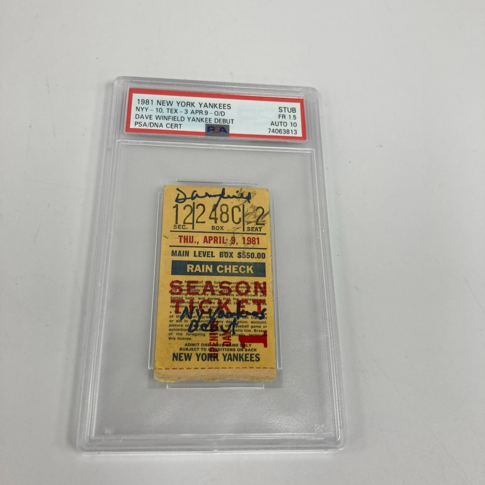 Dave Winfield Signed 1981 New York Yankees Debut Ticket 4-9-81 PSA DNA