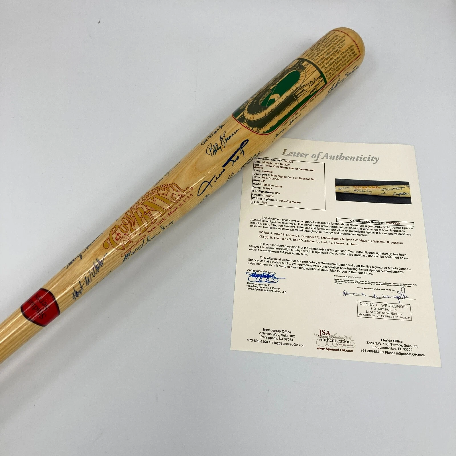Beautiful Willie Mays New York Giants Legends Multi Signed Polo Grounds Bat JSA