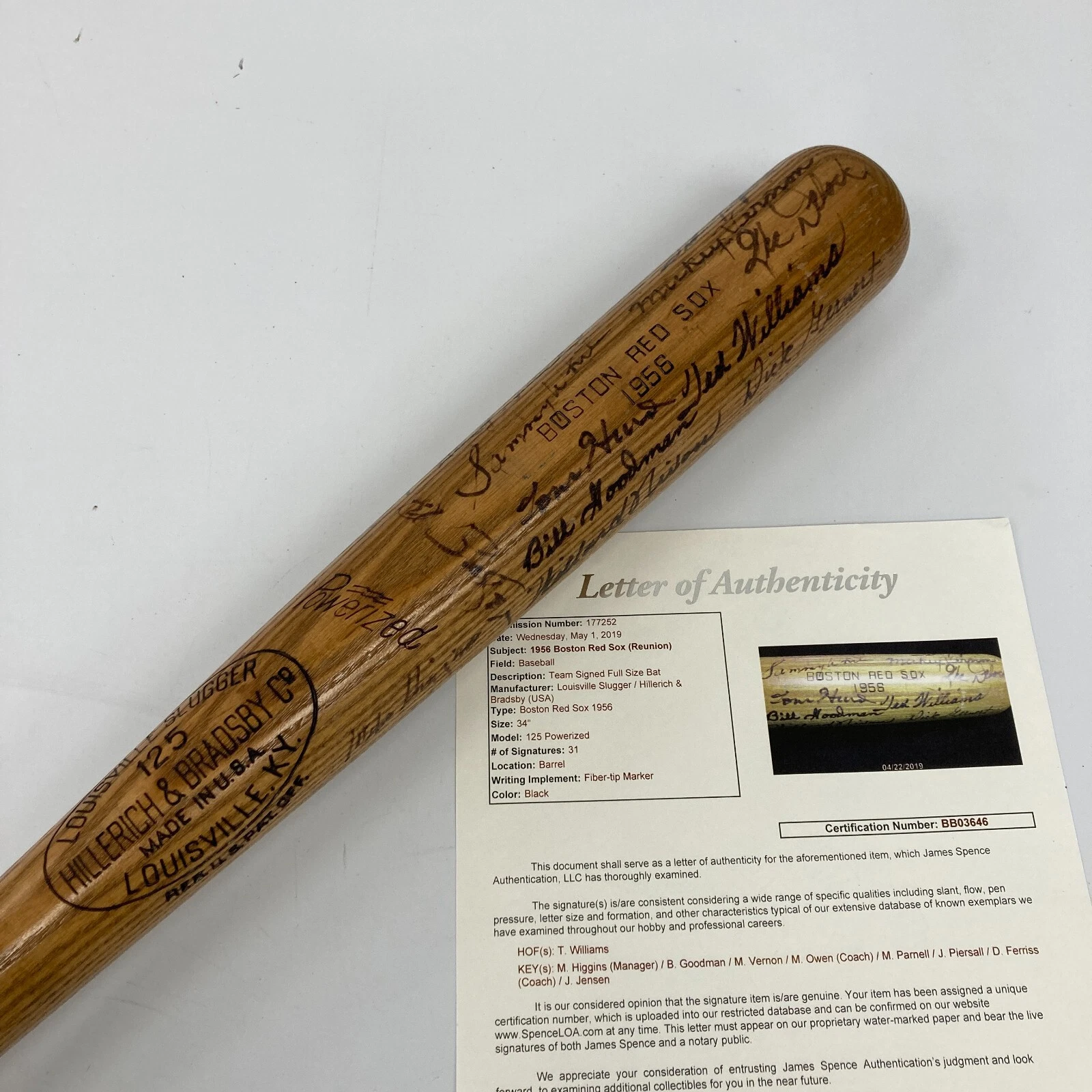 TED WILLIAMS 1956 BOSTON RED SOX TEAM SIGNED GAME ISSUED BASEBALL BAT JSA COA COLLECTIBLE MEMORABILIA
