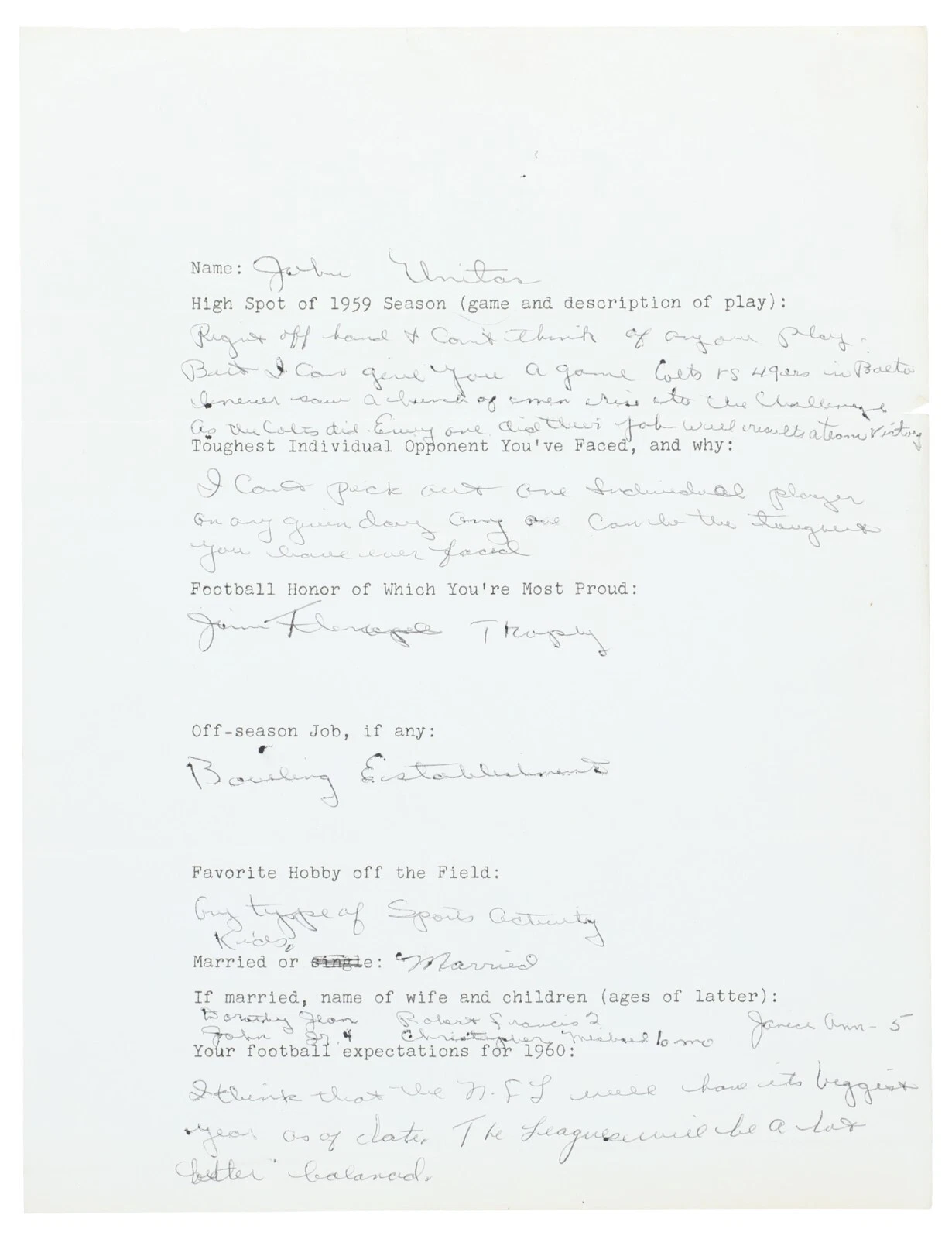 Incredible Johnny Unitas 1959 Signed Handwritten Questionnaire PSA DNA COA