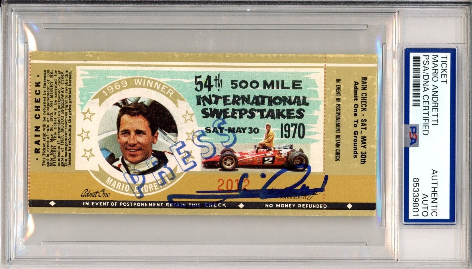 1970 Indy Indianapolis 500 RARE Press Ticket Signed Mario Andretti PSA DNA COA