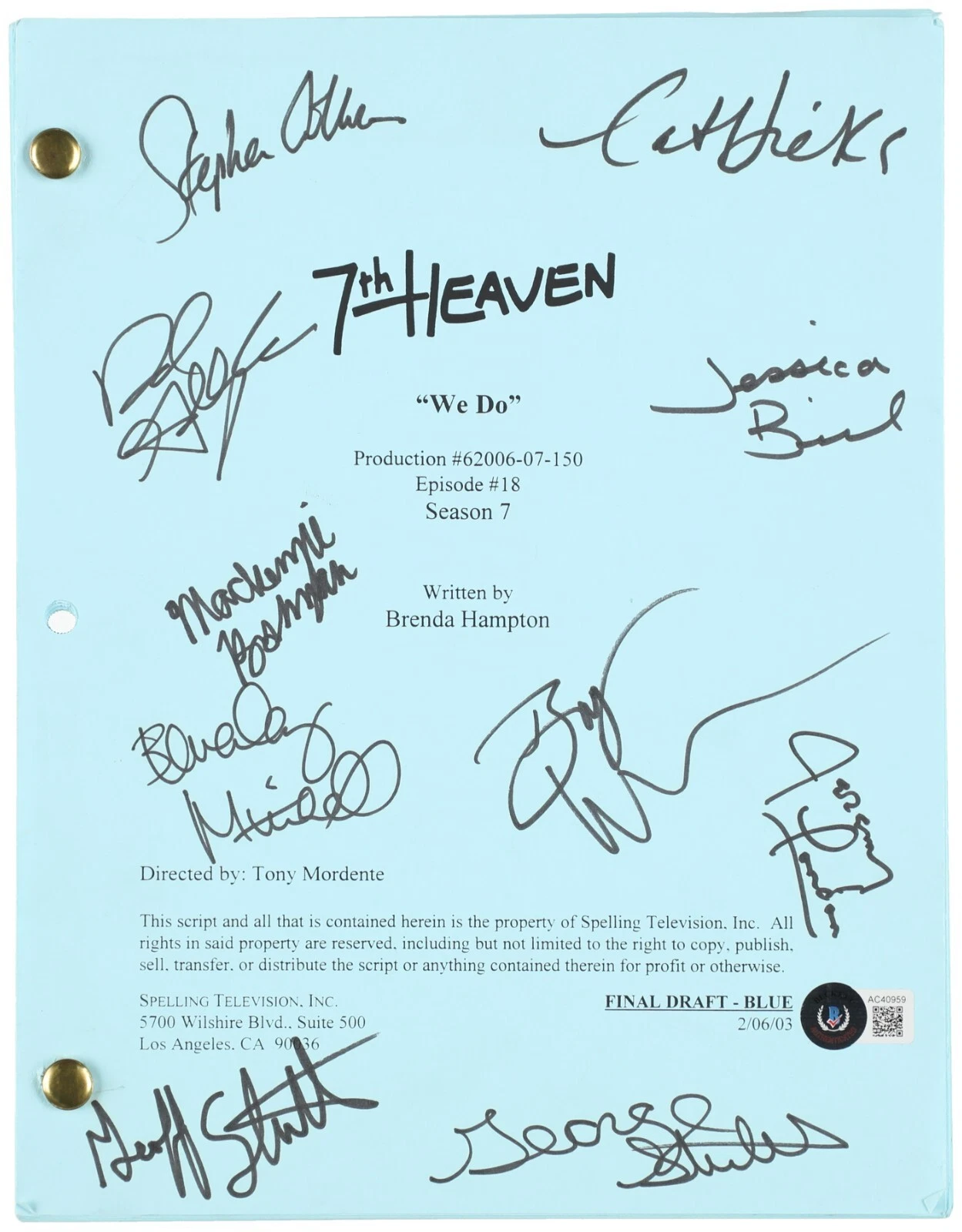 7th Heaven Cast Signed Script 10 Sigs Jessica Biel David Gallagher Beckett COA