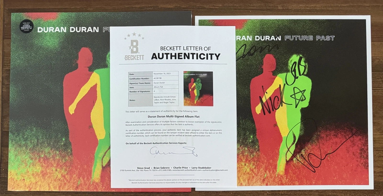 BAND SIGNED Duran Duran Art Card & White Vinyl LP BAS Beckett COA Autographed