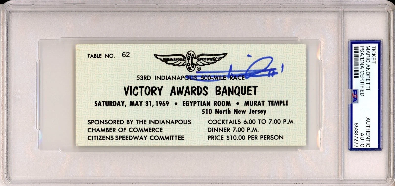 1969 Indy Indianapolis 500 Awards Ticket Signed Mario Andretti Win PSA DNA