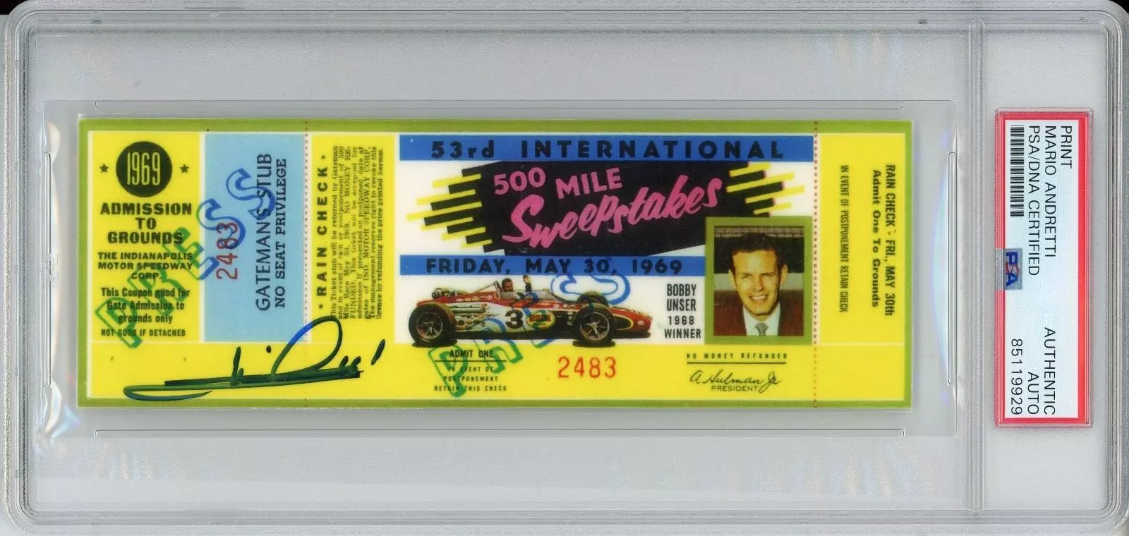 Replica 1969 Indy Indianapolis 500 Ticket SIGNED Mario Andretti PSA DNA COA