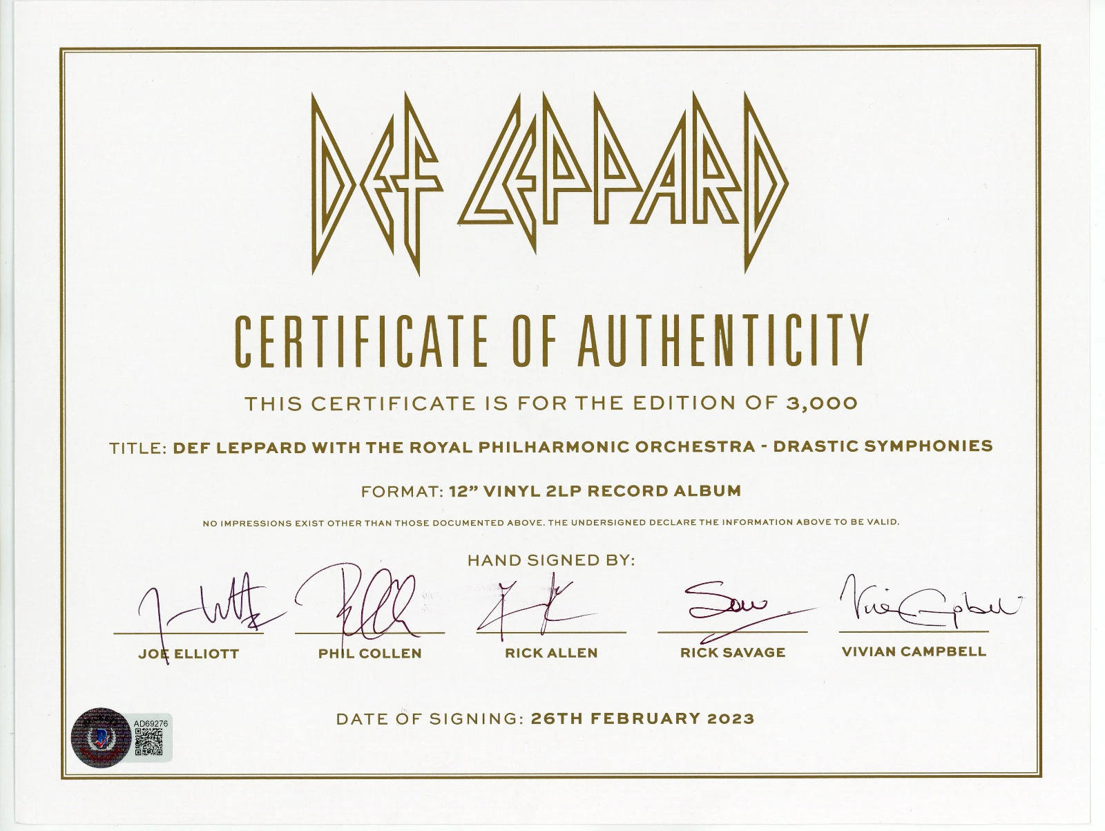 DEF LEPPARD SIGNED BY ENTIRE BAND CERTIFICATE OF AUTHENTICITY BAS Beckett COA