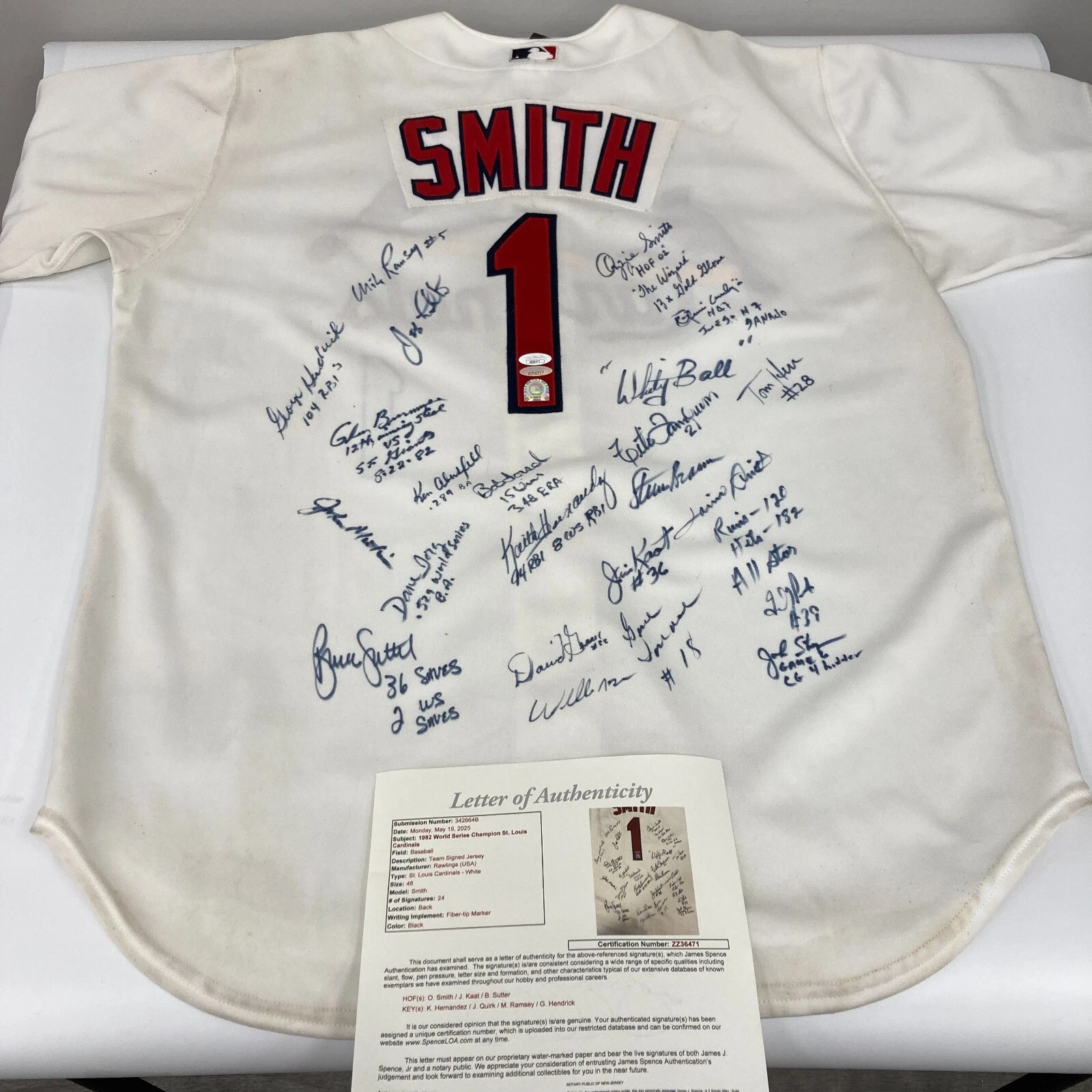 1982 St Louis Cardinals World Series Champs Team Signed Rawlings Jersey JSA COA