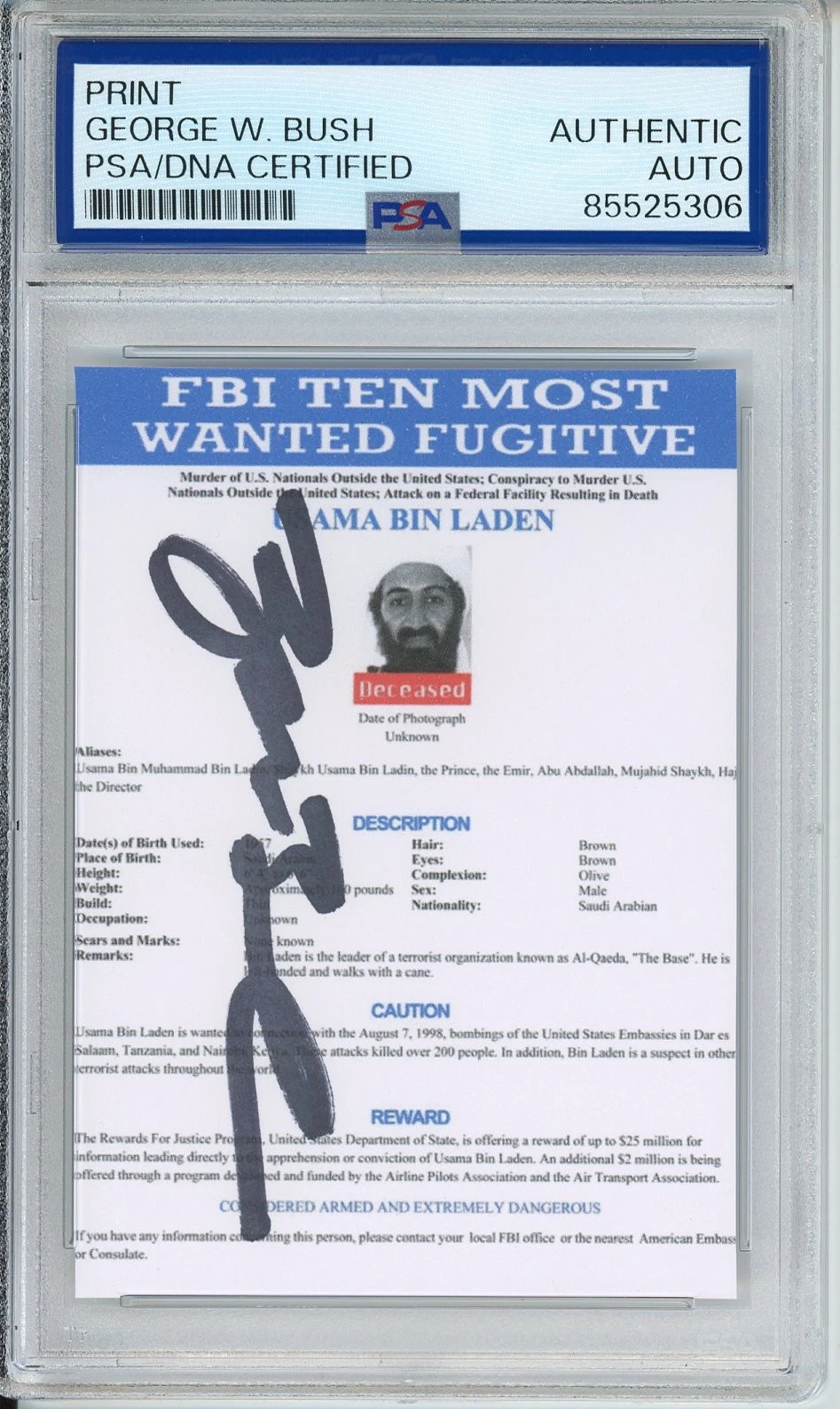President George W Bush SIGNED Osama Bin Ladin Wanted Poster Card PSA DNA COA