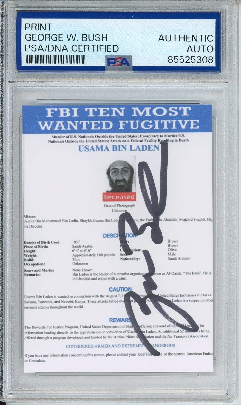 President George W Bush SIGNED AUTOGRAPHED Osama Bin Ladin Wanted PSA DNA COA