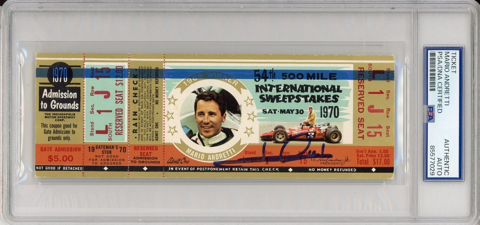 1970 Indy Indianapolis 500 RARE FULL Ticket Signed Mario Andretti PSA DNA COA