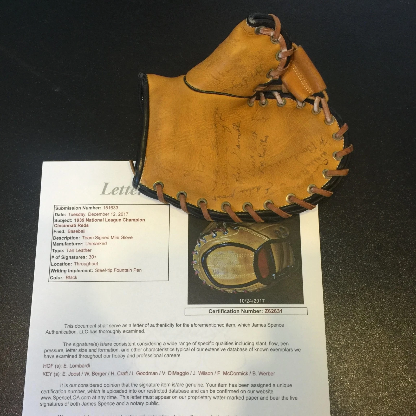 1939 CINCINNATI REDS NATIONAL CHAMPS TEAM SIGNED MINI BASEBALL GLOVE 30+ SIG JSA COLLECTIBLE MEMORABILIA