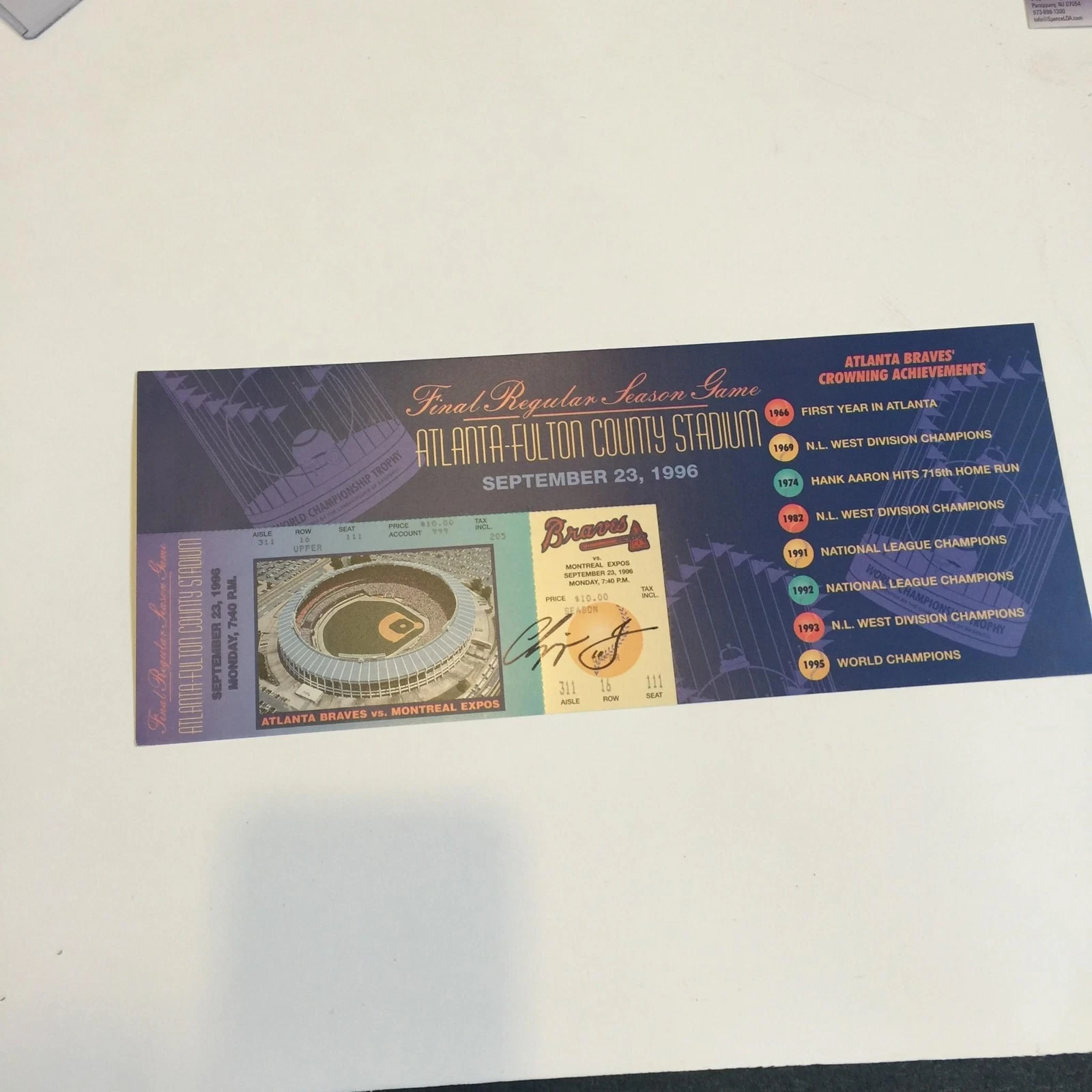 Chipper Jones Signed 1996 Braves Fulton County Stadium Final Game Ticket JSA COA