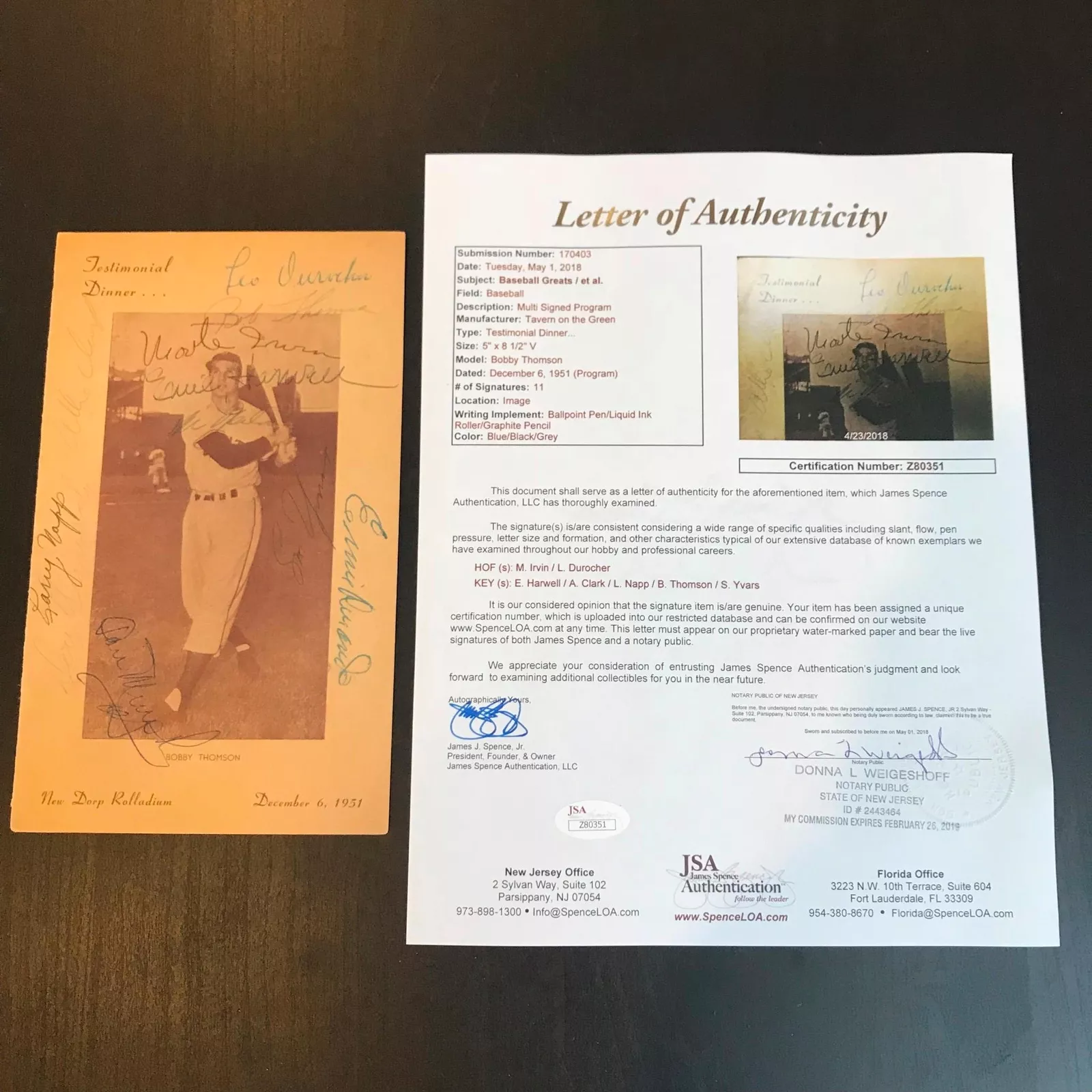 Rare Bobby Thomson Day Signed 1951 Program W/ Durocher Irvin Harwell JSA COA