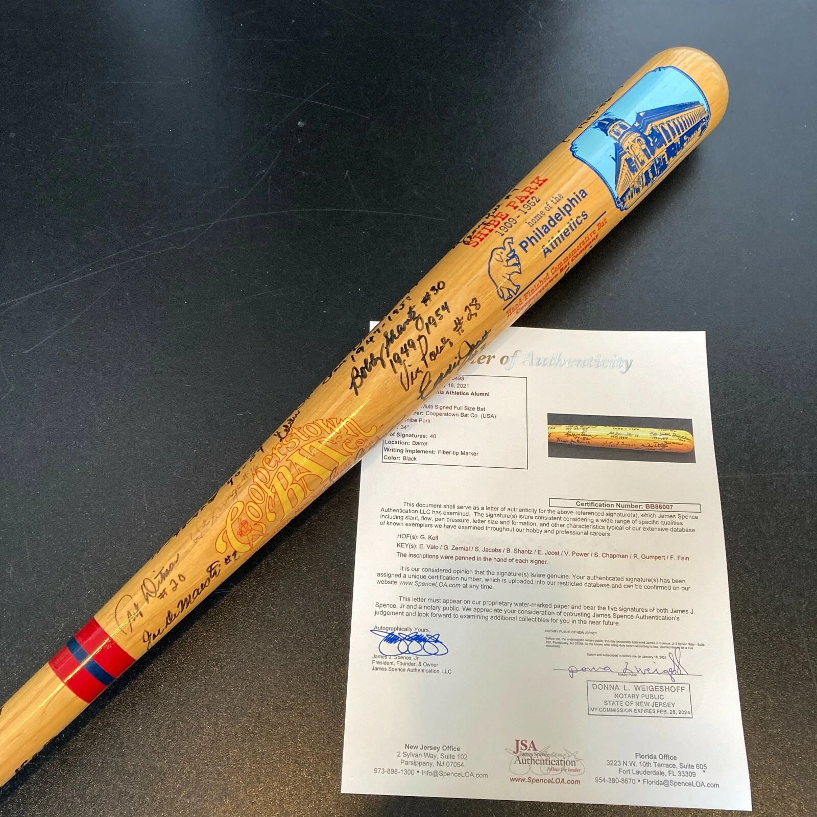 RARE PHILADELPHIA ATHLETICS A’S LEGENDS BAT WITH 40 SIGNATURES JSA COA COLLECTIBLE MEMORABILIA