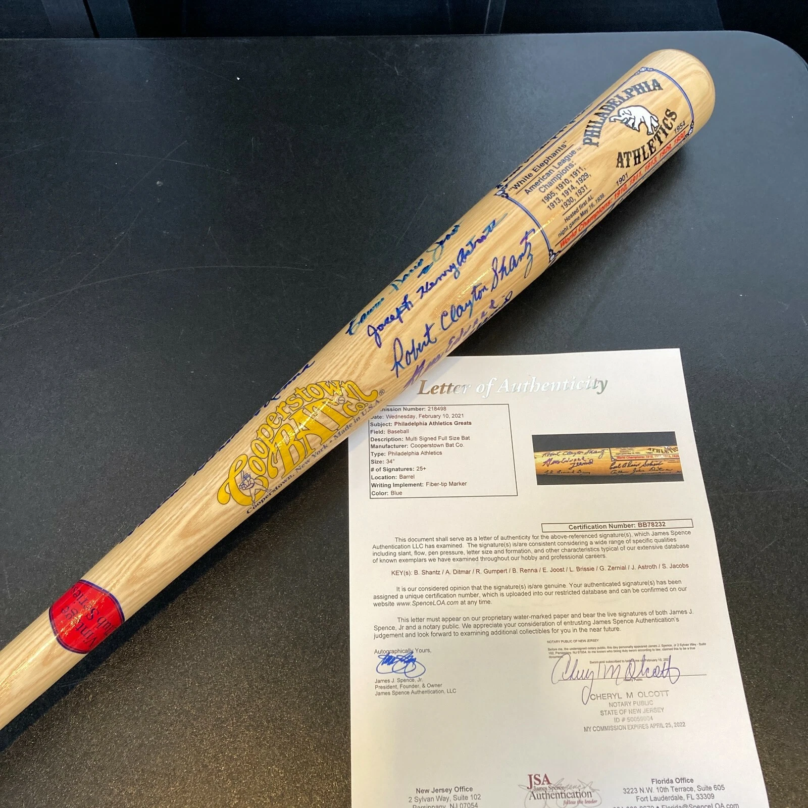 RARE PHILADELPHIA ATHLETICS LEGENDS FULL NAME SIGNED INSCRIBED BAT WITH JSA COA COLLECTIBLE MEMORABILIA