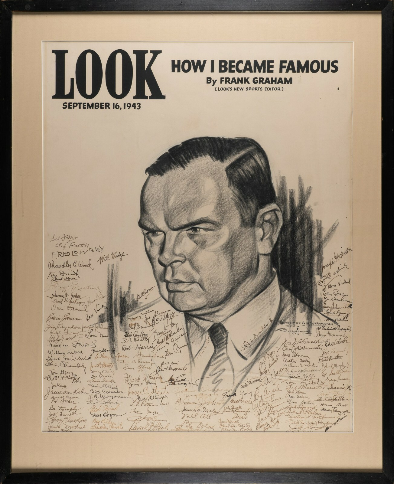 1943 LOOK MAGAZINE ORIGINAL ARTWORK WITH 143 SIGS MEL OTT TOOTS SHOR ED SULLIVAN COLLECTIBLE MEMORABILIA