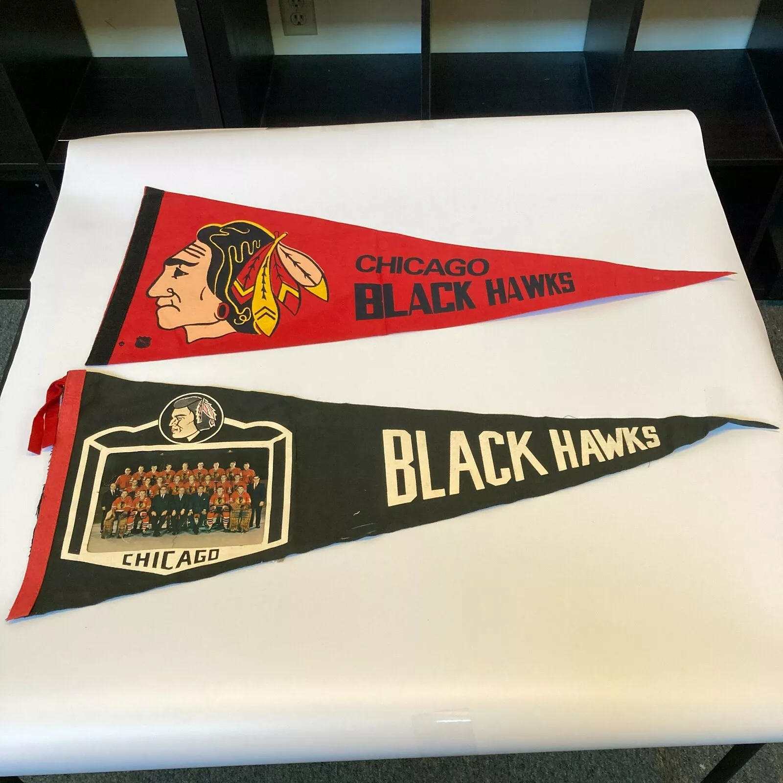 LOT OF (2) 1960’S CHICAGO BLACKHAWKS VINTAGE PENNANTS NHL COLLECTIBLE MEMORABILIA